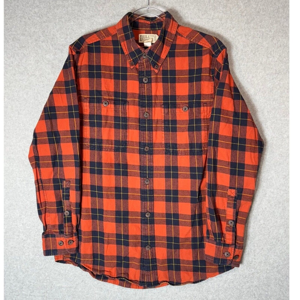 Duluth Trading Men's L Long Sleeve Orange/Black Plaid Flannel Shirt Button